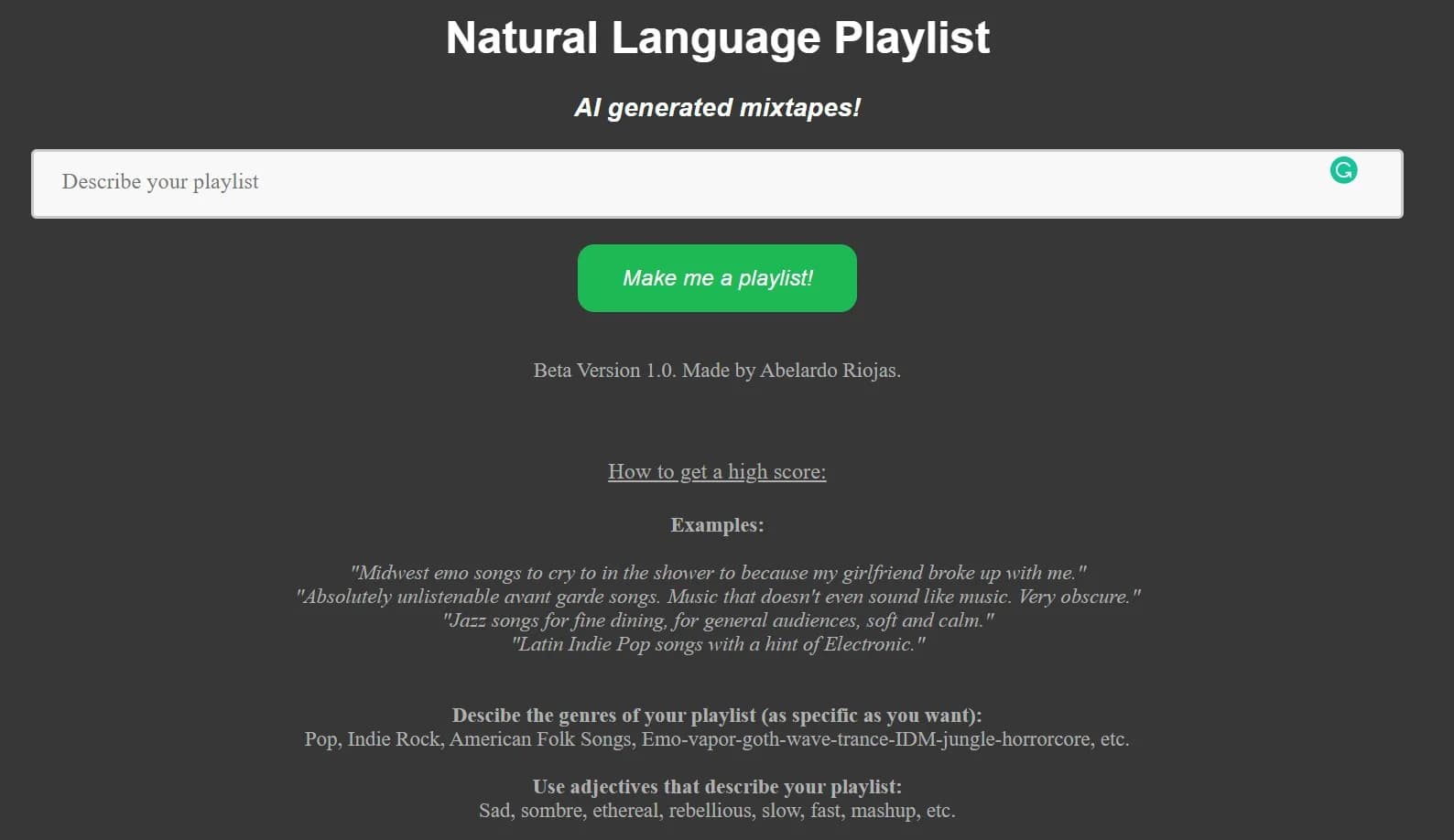 Natural Language Playlist screenshot