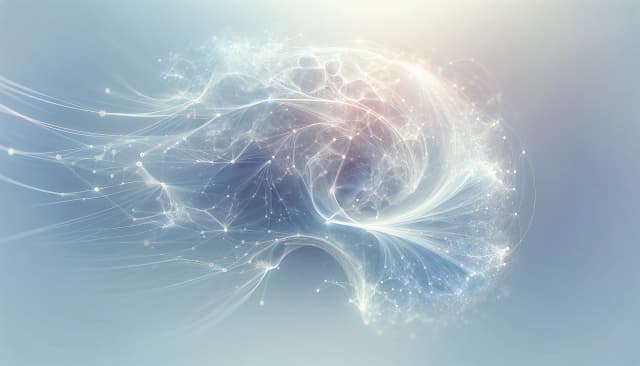 An ethereal abstract representation of artificial intelligence, featuring thin flowing lines and sparse nodes connected by faint paths